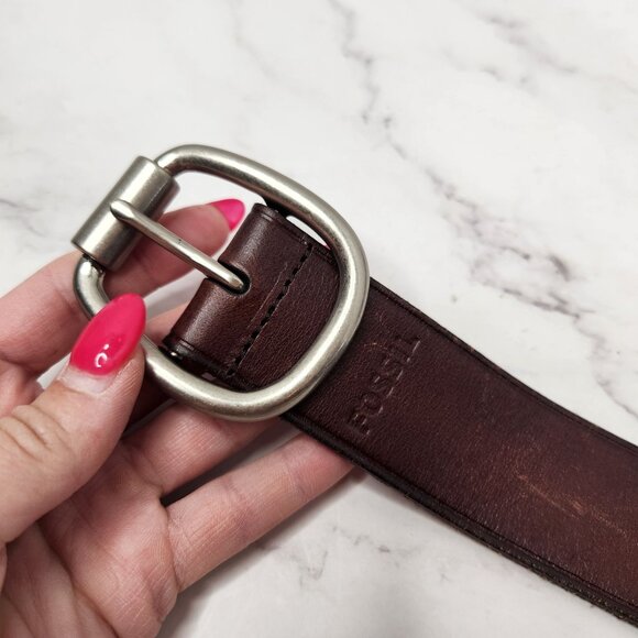 Fossil Brown Leather Belt Western Distressed Cowgirl Rodeo Silver Hardwear M - Picture 2 of 8